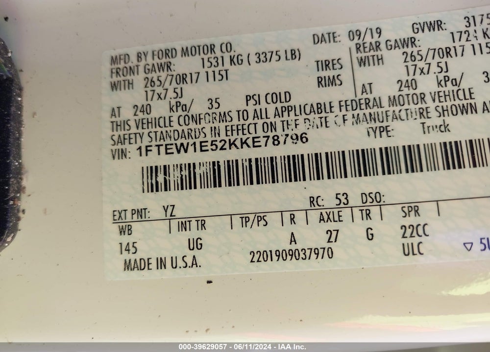 2019 FORD F-150 XLT VIN: 1FTEW1E52KKE78796