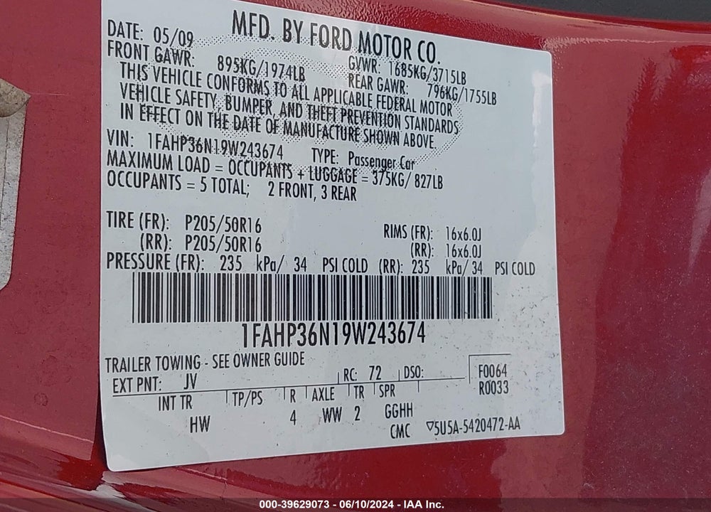2009 FORD FOCUS SES VIN: 1FAHP36N19W243674