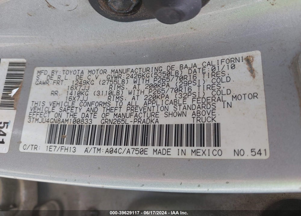 2010 TOYOTA TACOMA PRERUNNER V6 VIN: 3TMJU4GN8AM100833