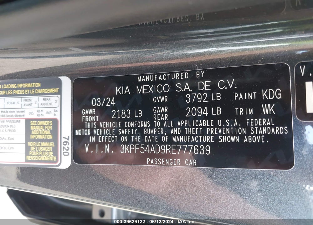 2024 KIA FORTE GT LINE VIN: 3KPF54AD9RE777639
