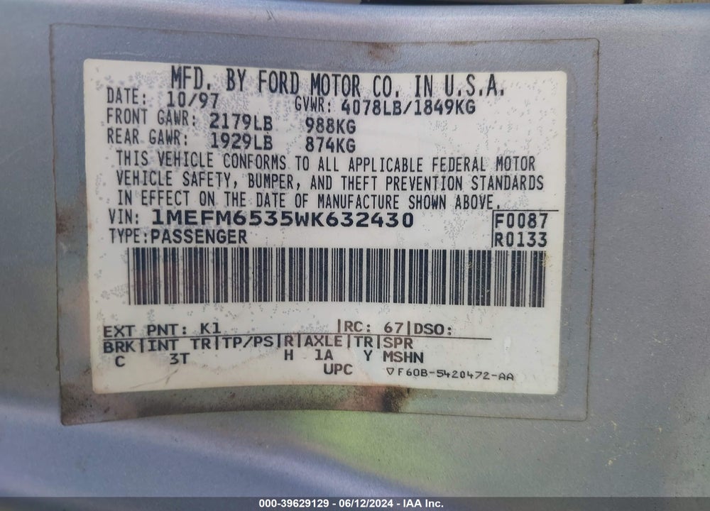 1998 MERCURY MYSTIQUE GS VIN: 1MEFM6535WK632430