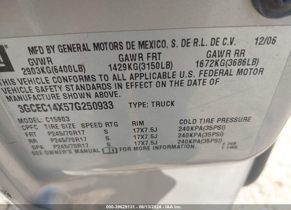 2007 CHEVROLET SILVERADO 1500 CLASSIC WORK TRUCK VIN: 3GCEC14X57G250933