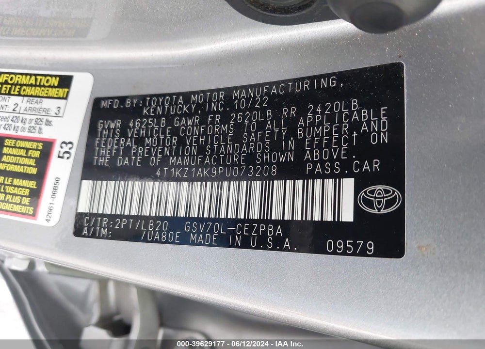 2023 TOYOTA CAMRY XSE V6 VIN: 4T1KZ1AK9PU073208