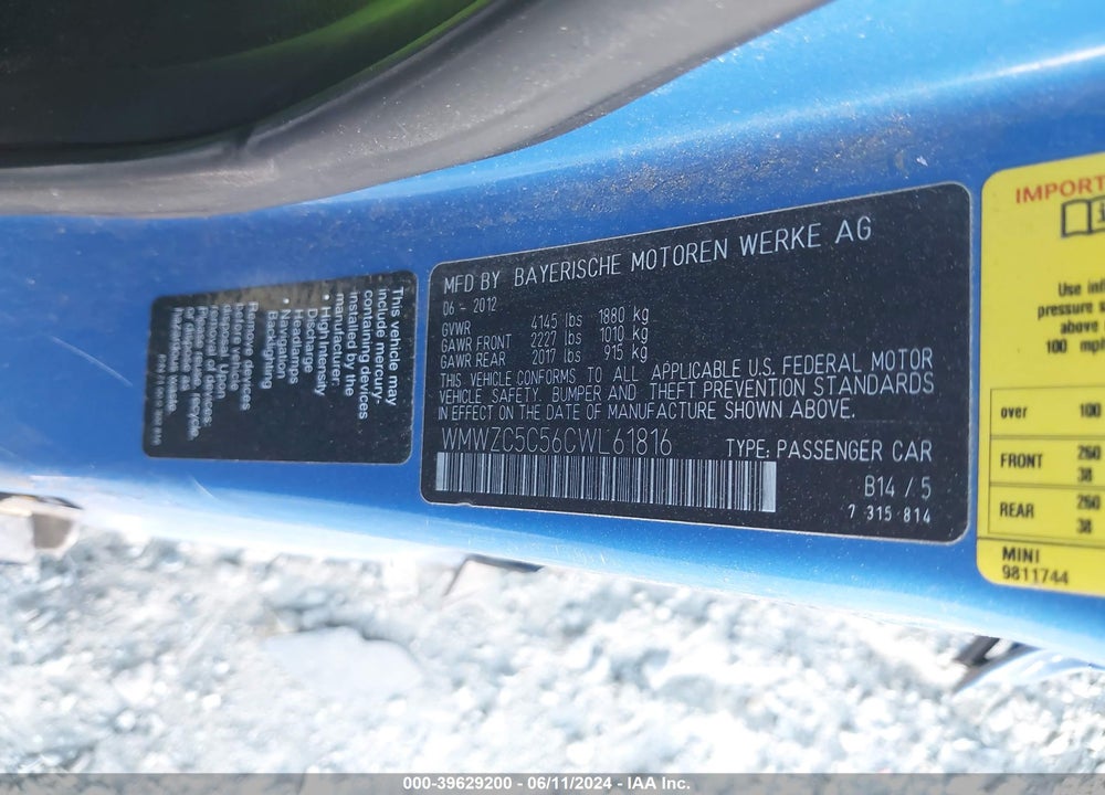 2012 MINI COOPER S COUNTRYMAN VIN: WMWZC5C56CWL61816