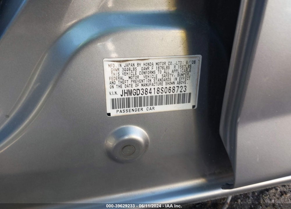 2008 HONDA FIT VIN: JHMGD38418S068723