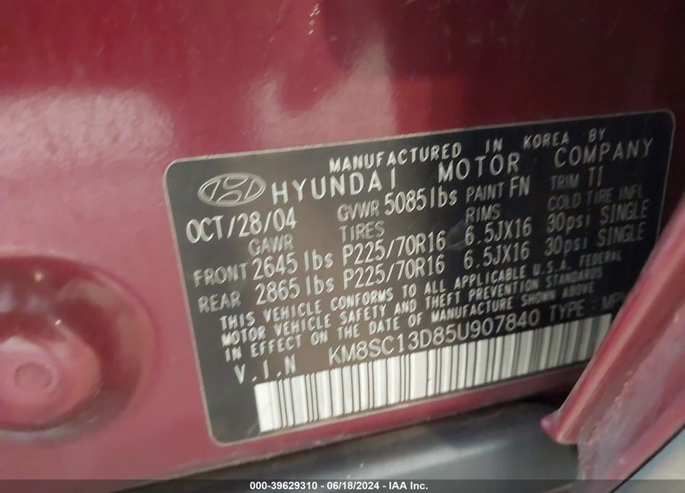 2005 HYUNDAI SANTA FE GLS VIN: KM8SC13D85U907840