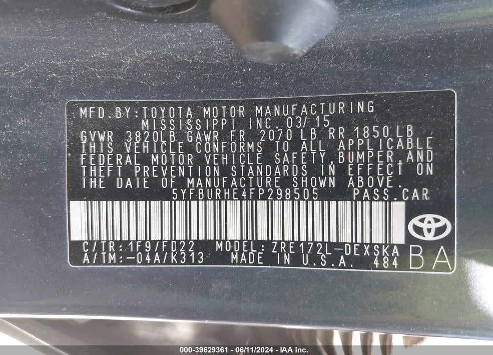 2015 TOYOTA COROLLA S PLUS VIN: 5YFBURHE4FP298505