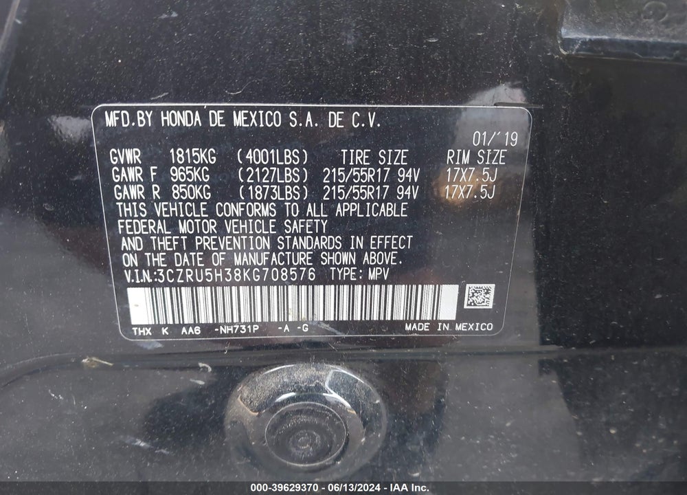 2019 HONDA HR-V LX VIN: 3CZRU5H38KG708576