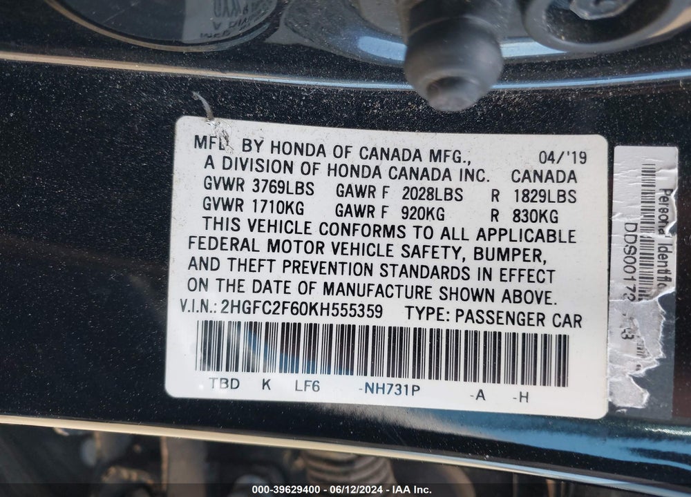 2019 HONDA CIVIC LX VIN: 2HGFC2F60KH555359