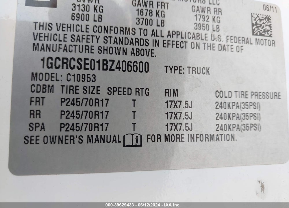 2011 CHEVROLET SILVERADO 1500 LT VIN: 1GCRCSE01BZ406600