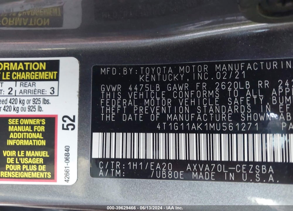 2021 TOYOTA CAMRY SE VIN: 4T1G11AK1MU561271