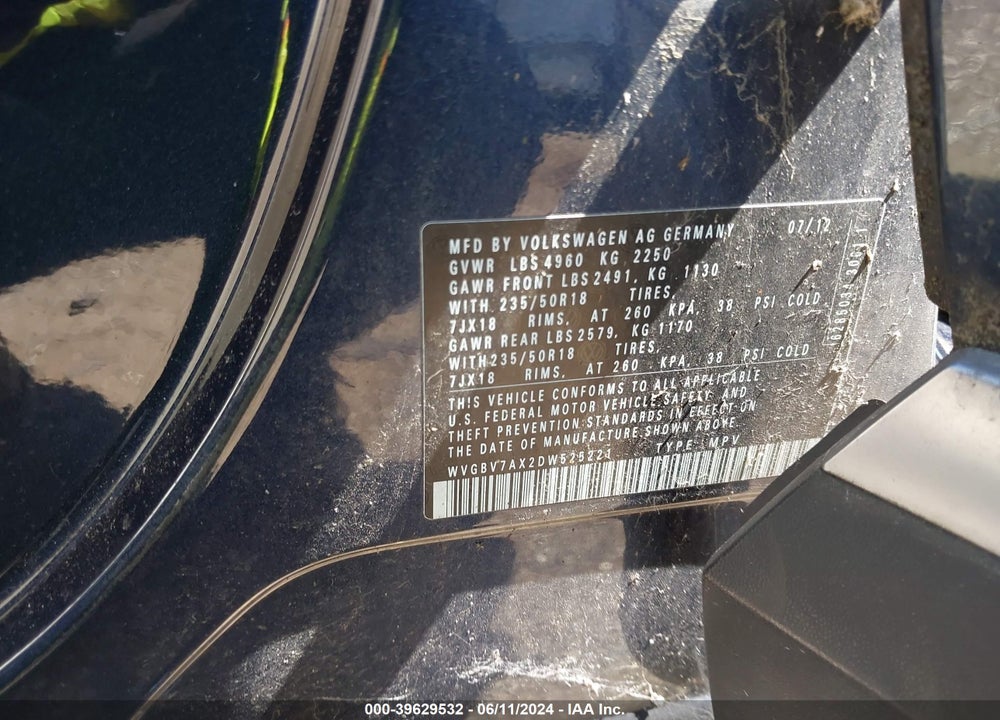 2013 VOLKSWAGEN TIGUAN SE VIN: WVGBV7AX2DW525221
