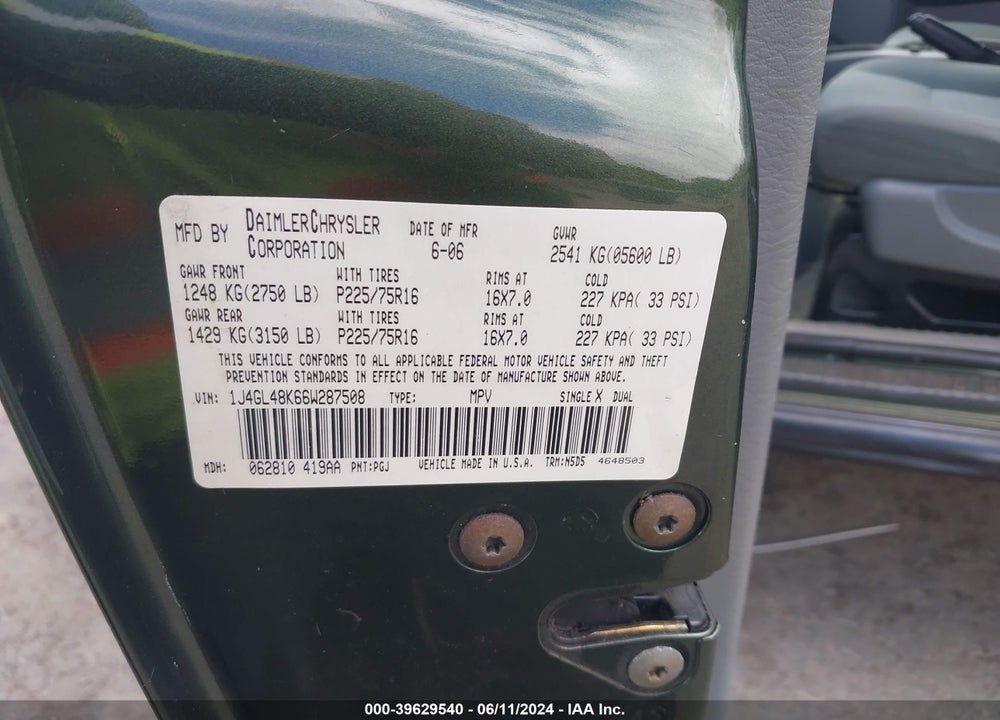 2006 JEEP LIBERTY SPORT VIN: 1J4GL48K66W287508