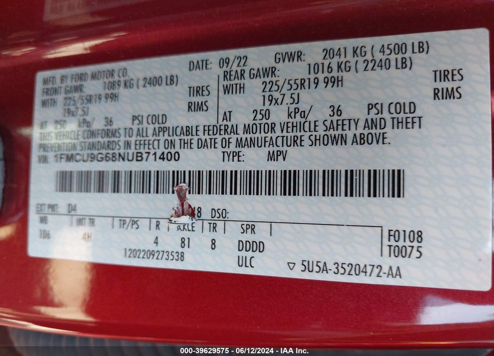 2022 FORD ESCAPE SE VIN: 1FMCU9G68NUB71400