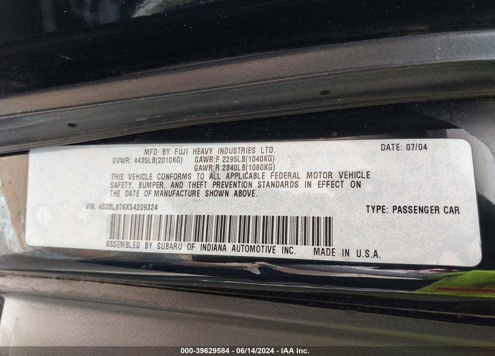 2005 SUBARU LEGACY 2.5GT LIMITED VIN: 4S3BL676X54209324