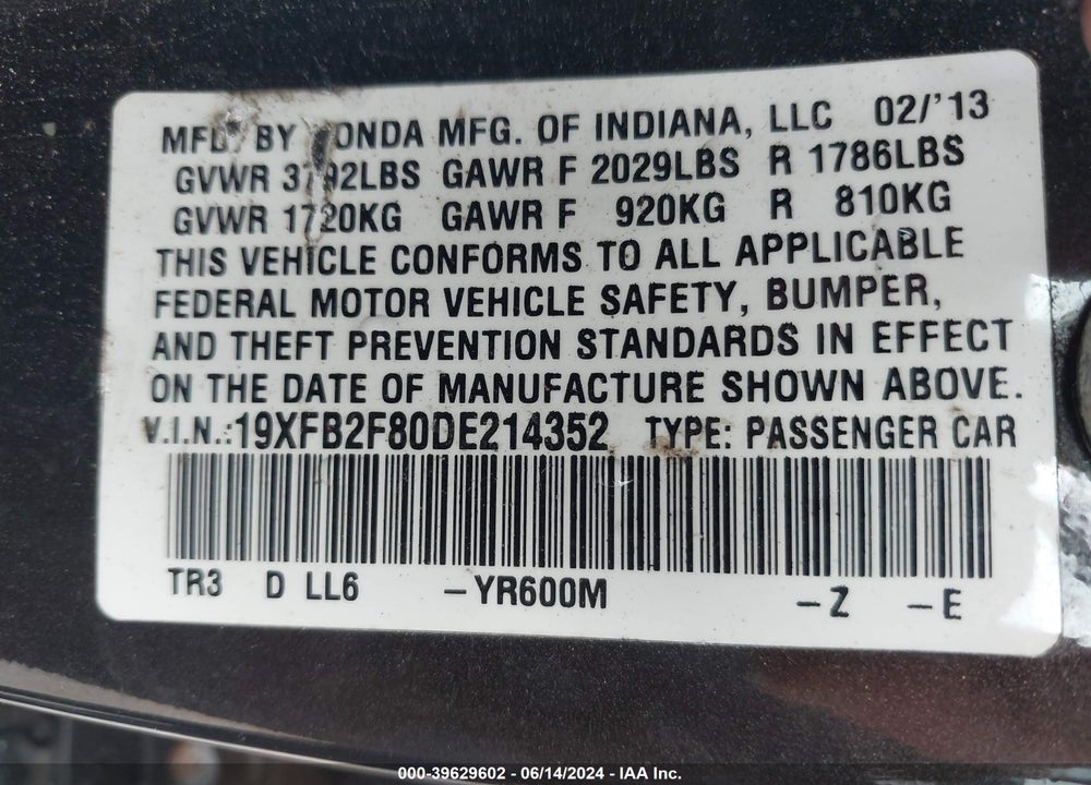 2013 HONDA CIVIC EX VIN: 19XFB2F80DE214352