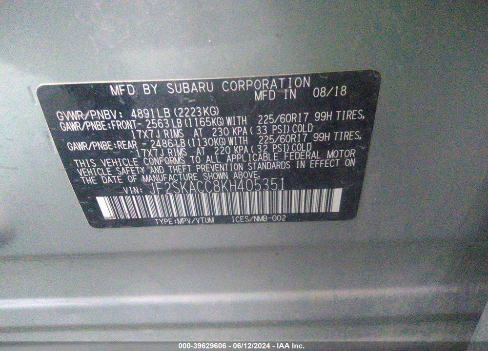 2019 SUBARU FORESTER VIN: JF2SKACC8KH405351