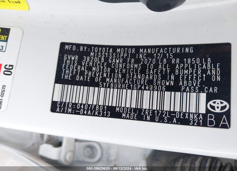 2016 TOYOTA COROLLA LE VIN: 5YFBURHE1GP443906