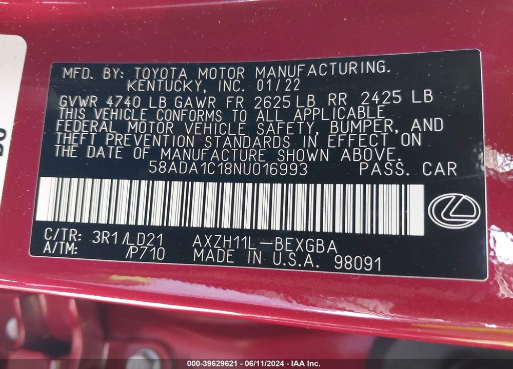 2022 LEXUS ES 300H VIN: 58ADA1C18NU016993
