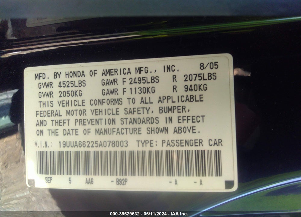 2005 ACURA TL VIN: 19UUA66225A078003
