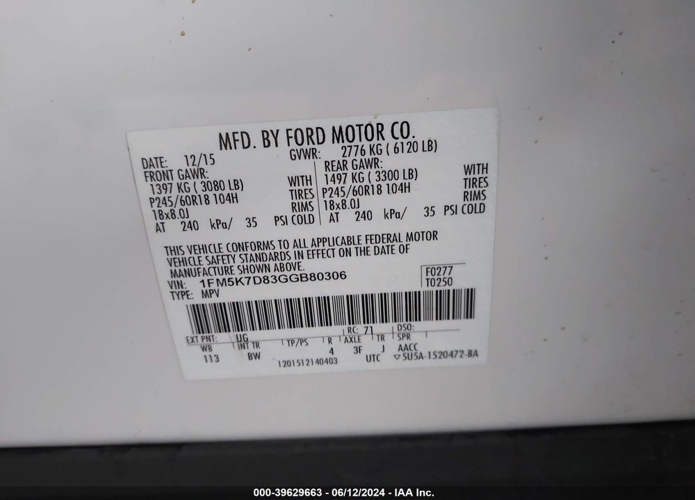 2016 FORD EXPLORER VIN: 1FM5K7D83GGB80306