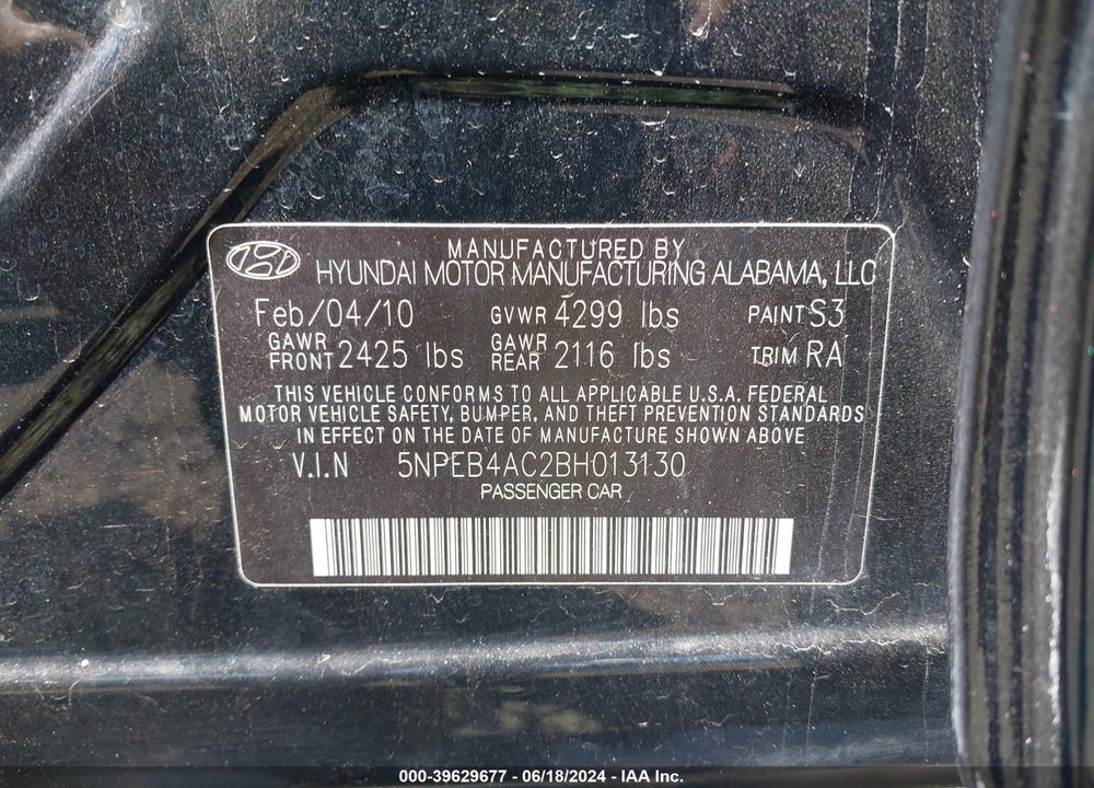 2011 HYUNDAI SONATA GLS VIN: 5NPEB4AC2BH013130