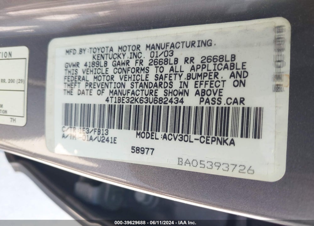 2003 TOYOTA CAMRY LE VIN: 4T1BE32K63U682434