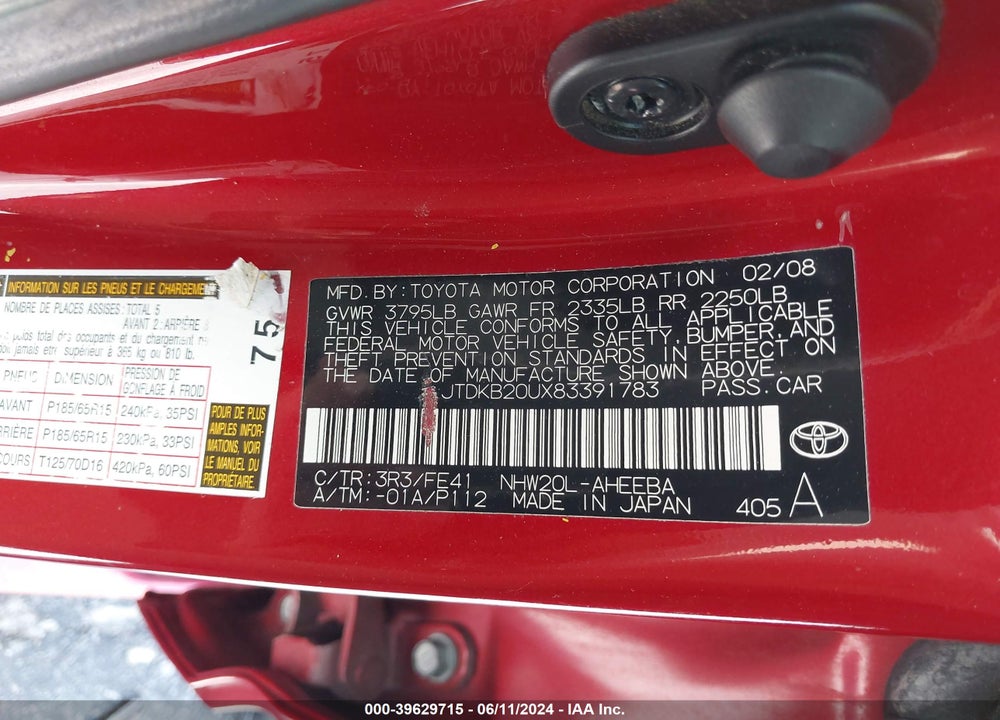 2008 TOYOTA PRIUS VIN: JTDKB20UX83391783