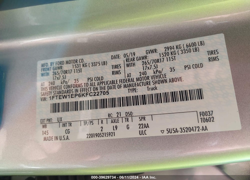 2019 FORD F-150 XL VIN: 1FTEW1EP6KFC22705