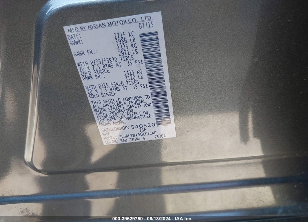 2015 INFINITI QX60 VIN: 5N1AL0MN0FC540520