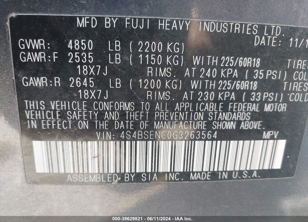 2016 SUBARU OUTBACK 3.6R LIMITED VIN: 4S4BSENC0G3263564