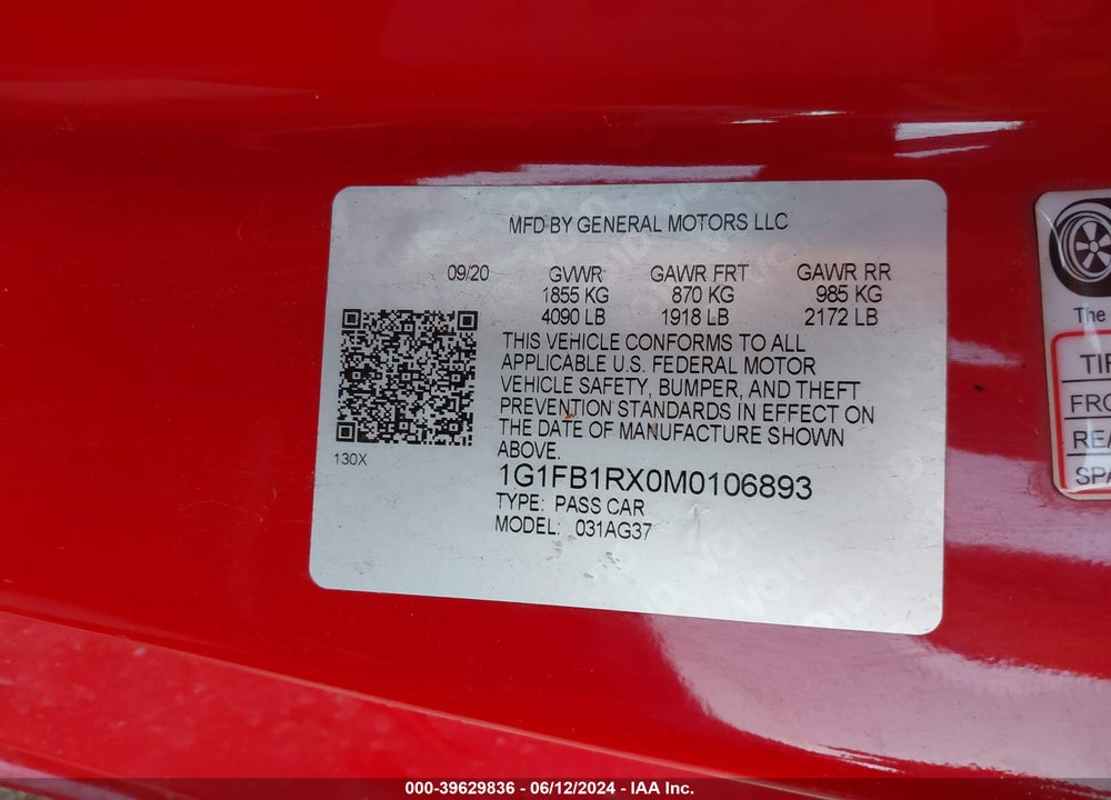 2021 CHEVROLET CAMARO RWD 1LT VIN: 1G1FB1RX0M0106893