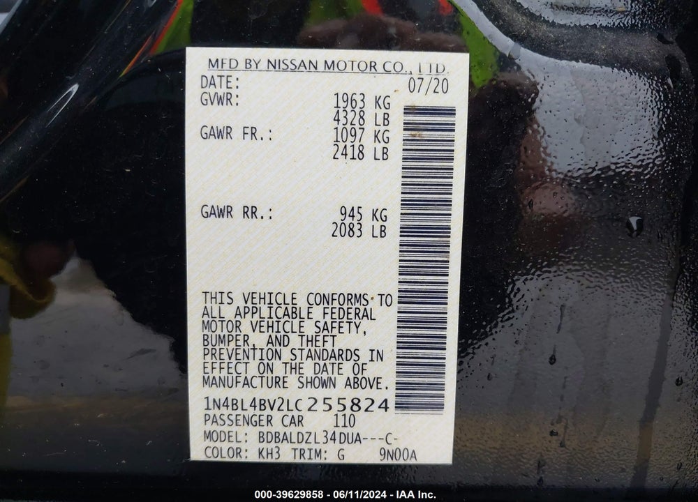 2020 NISSAN ALTIMA S FWD VIN: 1N4BL4BV2LC255824