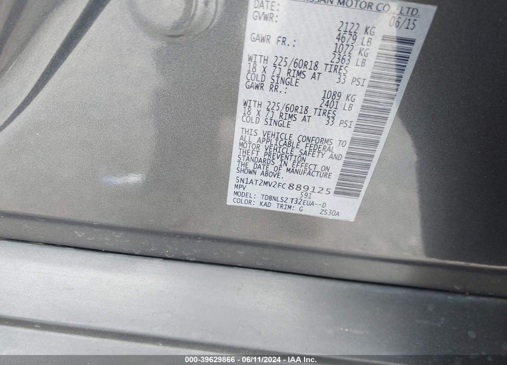 2015 NISSAN ROGUE SL VIN: 5N1AT2MV2FC889125