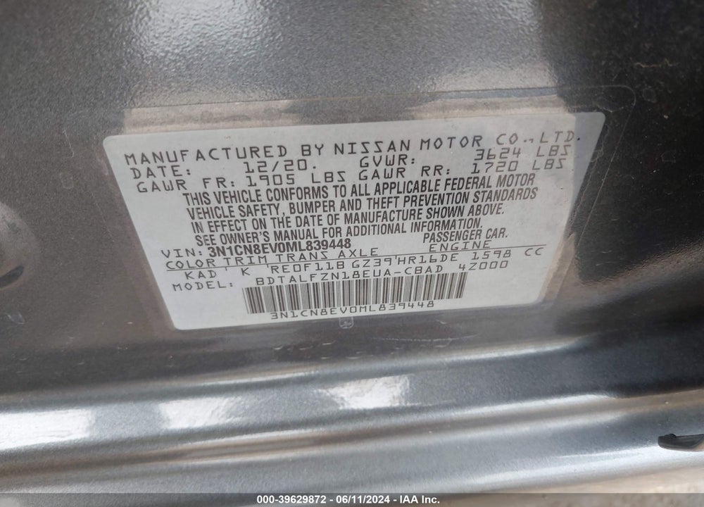 2021 NISSAN VERSA SV XTRONIC CVT VIN: 3N1CN8EV0ML839448