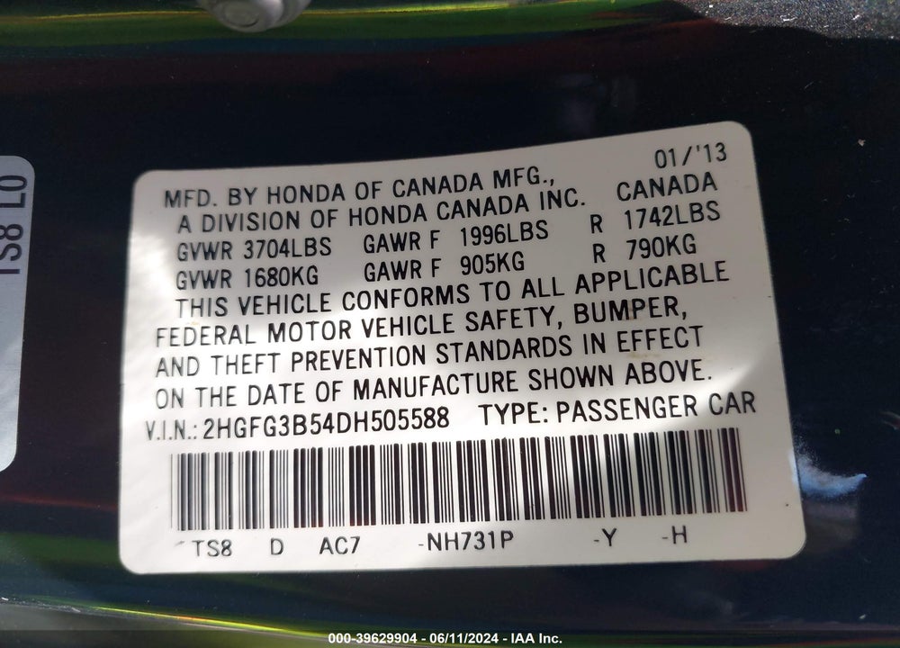 2013 HONDA CIVIC LX VIN: 2HGFG3B54DH505588