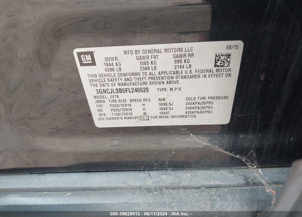 2015 CHEVROLET TRAX LT VIN: 3GNCJLSB6FL246628