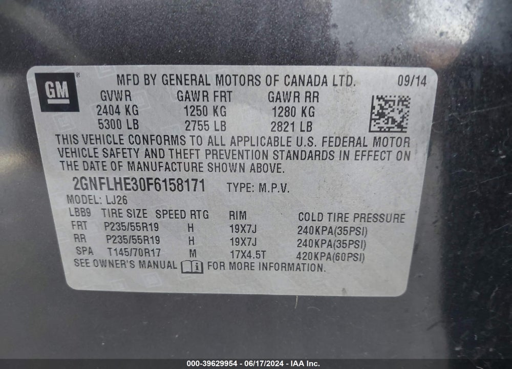 2015 CHEVROLET EQUINOX LTZ VIN: 2GNFLHE30F6158171
