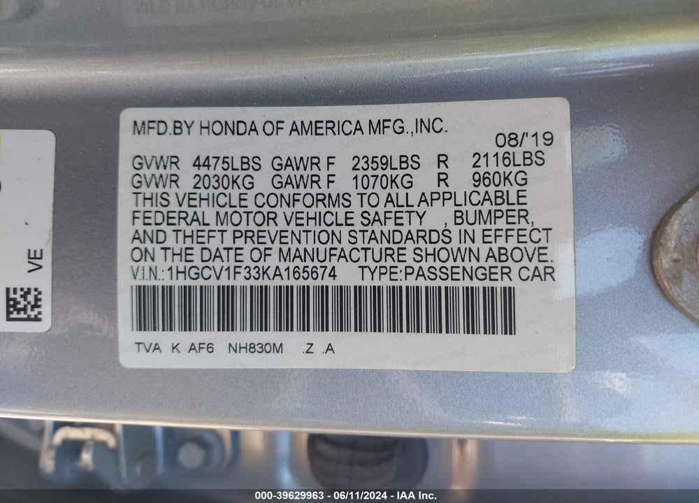 2019 HONDA ACCORD SPORT VIN: 1HGCV1F33KA165674