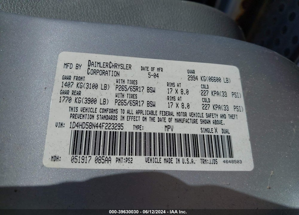 2004 DODGE DURANGO LIMITED VIN: 1D4HD58N44F223295