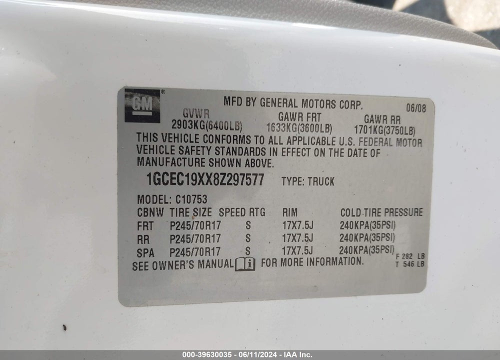 2008 CHEVROLET SILVERADO 1500 WORK TRUCK VIN: 1GCEC19XX8Z297577