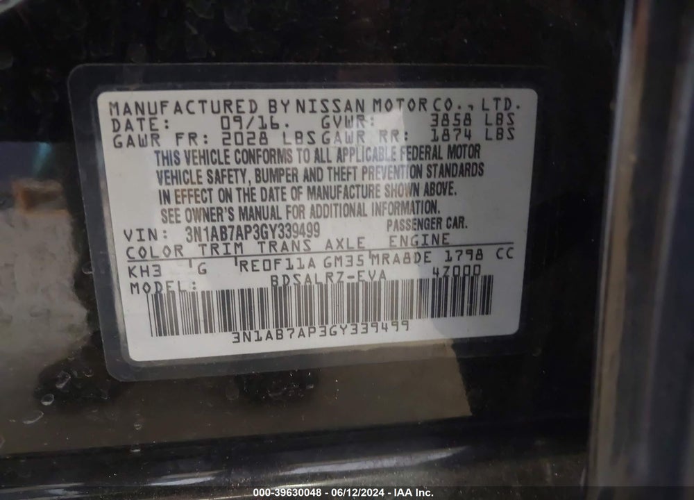 2016 NISSAN SENTRA SR VIN: 3N1AB7AP3GY339499