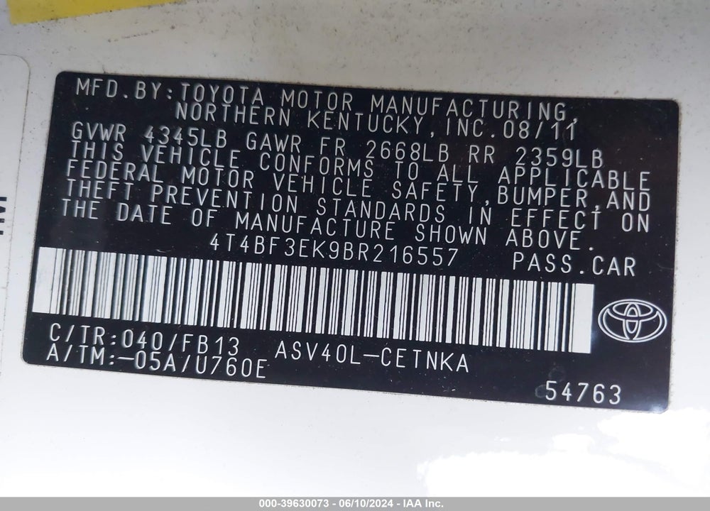 2011 TOYOTA CAMRY LE VIN: 4T4BF3EK9BR216557