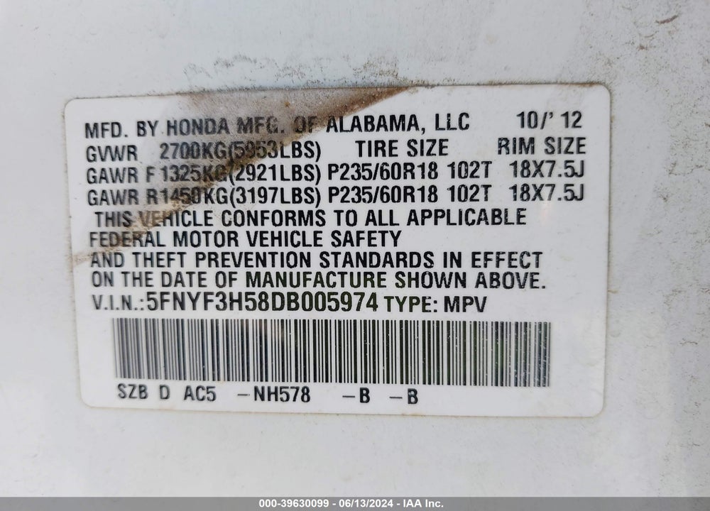 2013 HONDA PILOT EX-L VIN: 5FNYF3H58DB005974