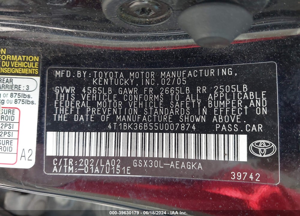 2005 TOYOTA AVALON XLS VIN: 4T1BK36B55U007874
