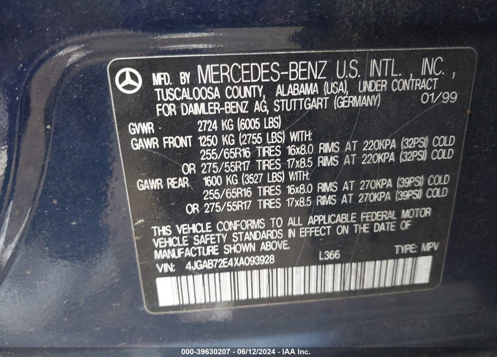 1999 MERCEDES-BENZ ML 430 VIN: 4JGAB72E4XA093928