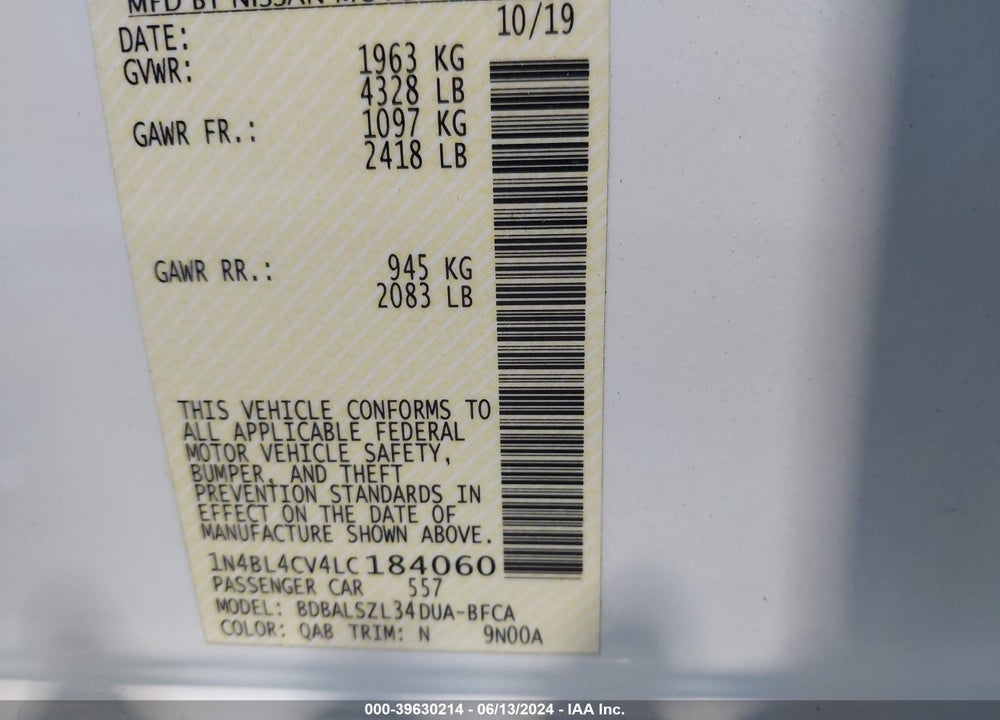 2020 NISSAN ALTIMA SR FWD VIN: 1N4BL4CV4LC184060