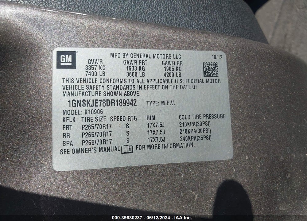 2013 CHEVROLET SUBURBAN 1500 LT VIN: 1GNSKJE78DR189942