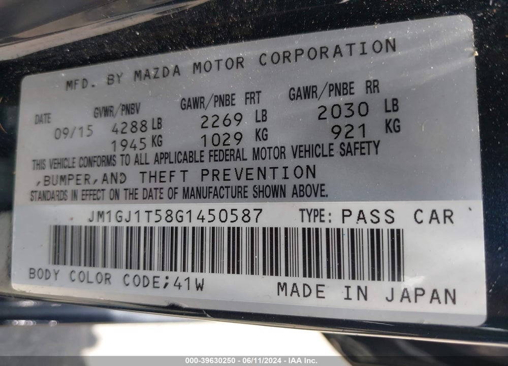 2016 MAZDA 6 I TOURING VIN: JM1GJ1T58G1450587