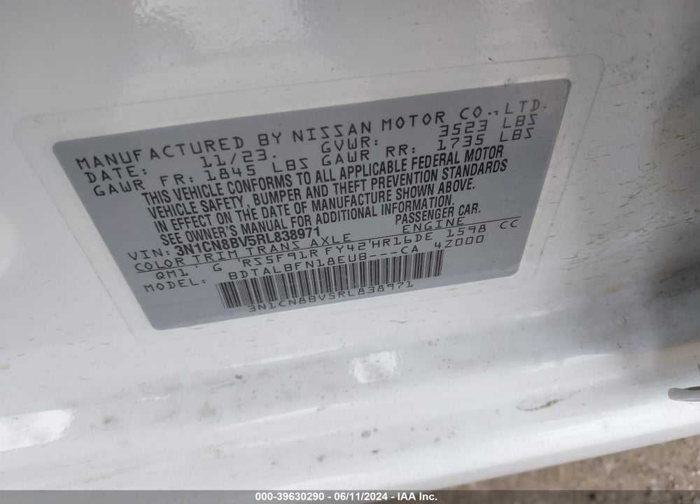 2024 NISSAN VERSA 1.6 S+ VIN: 3N1CN8BV5RL838971